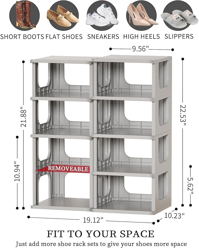 HAIXIN 10 Tier Narrow Shoe Rack, Shoe Rack for Closet, Small Shoe Rack Organizer for Front Door Entrance, Compact Stackable Shoe Storage Shelves Space Saving - Grey