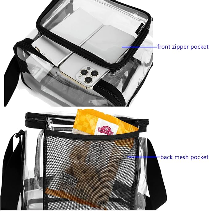 FlowFly Insulated Reusable Lunch Bag Adult Large Lunch Box for Women and Men with Adjustable Shoulder Strap,Front Zipper Pocket and Dual Large Mesh Side Pockets, Clear