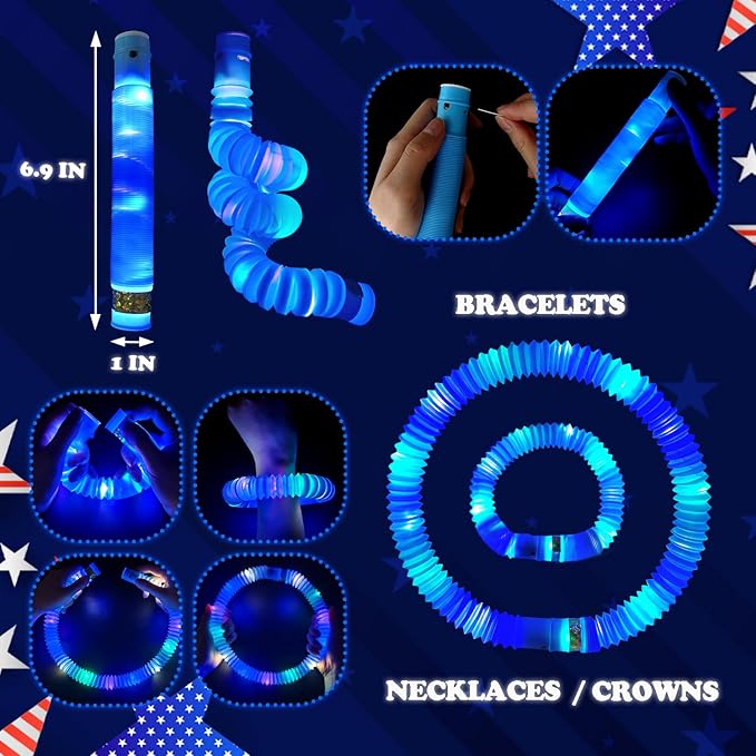 Blue Glow Sticks Party Favors for Kids 24 PCS,LED Light up Pop Tubes for Toddlers, Neon Necklaces Bracelets Accessories, Glow Birthday Wedding Dance Party Supplies Camping Toys Decorations