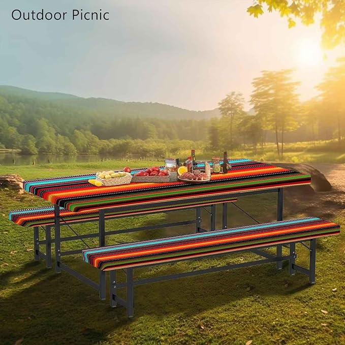 CAPSCEOLL Fitted Picnic Table Cover with Bench Covers with Elastic 8Ft Waterproof Camping Picnic Table Cover Cloths for Outdoors Camping Tablecloth with Drawstring Bag, 96X30in, Colorful Stripes