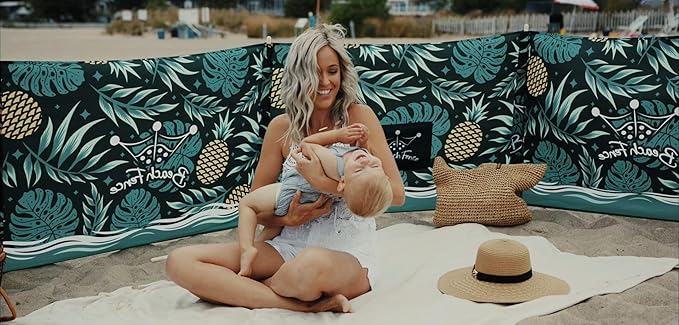 Premium 20 ft Beach Windscreen, Privacy Screen, Wind Blocker - Pineapple Oasis, Free Rubber Mallet and Carry Bag Included