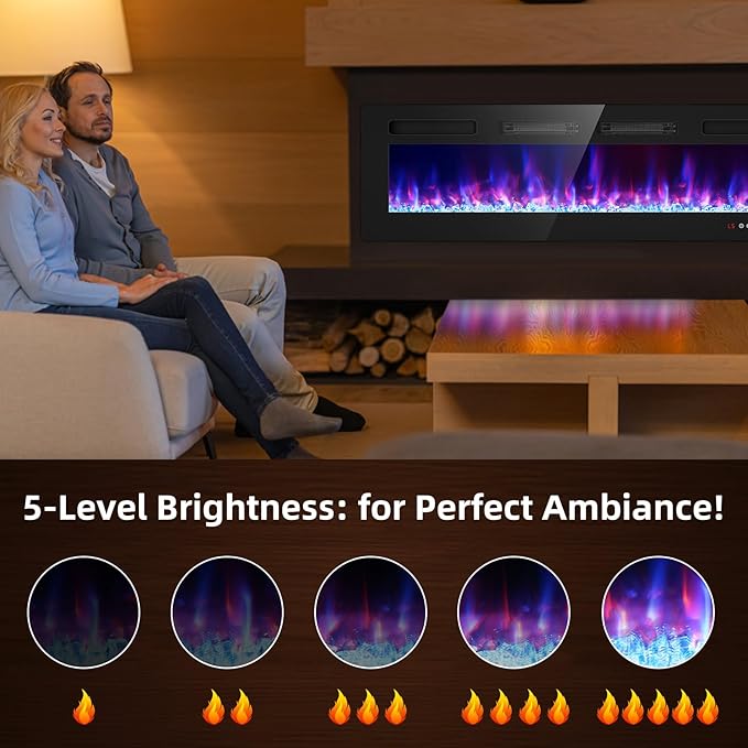 BREEZEHEAT 60 Inch Ultra Thin Electric Fireplace-Freestanding or Recessed Wall Mounted Fireplace Heater, Remote Control, Touch Screen, 750W/1500W, 8H Timer for Living Room, Bedroom, Office