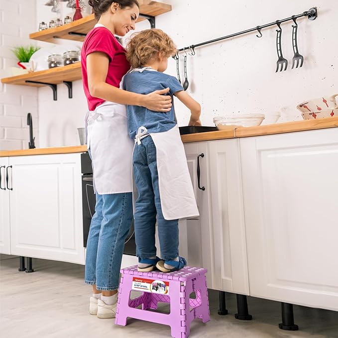 ACSTEP 9 Inch Folding Step Stool 300 LB Capacity Plastic Foldable Step Stools for Kids and Adults, Folding Stool Suitable for Kitchen, Stepping Stool with Handle Light Purple Small Step Stool 1PC
