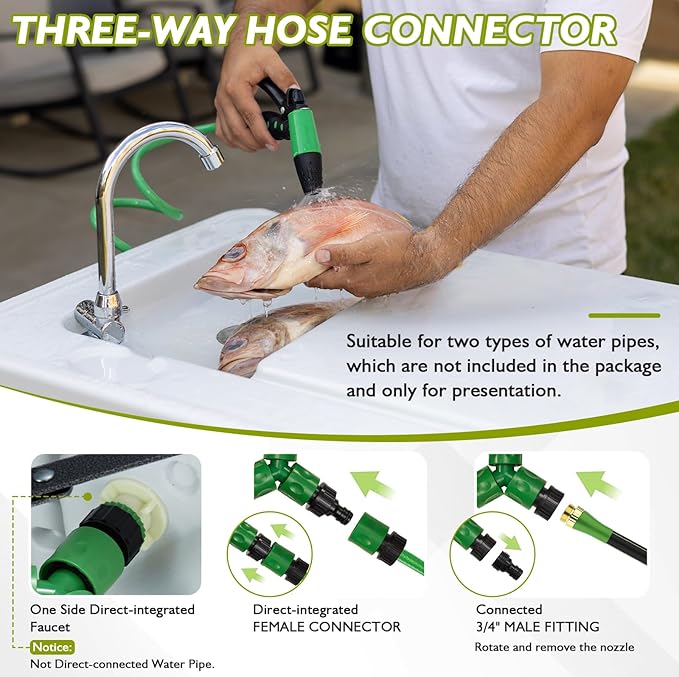 Folding Fish Cleaning Table Portable Camping Sink with Faucet Drainage Hose & Sprayer Outdoor Fillet Station Grid Rack Knife Groove for Picnic Fishing, Black