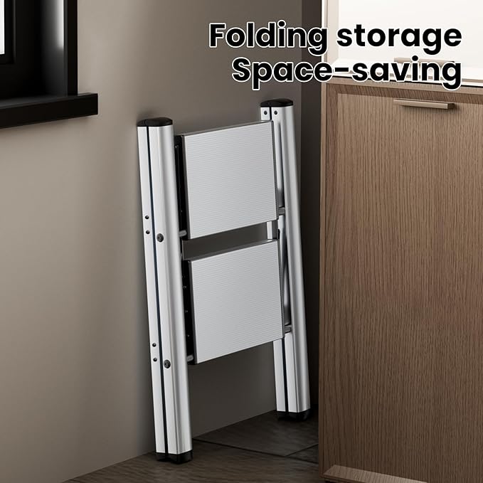 HillhutApex 2 Step Stool, Aluminum Foldable Step Ladder, Lightweight Stable Stool with Wide Non-Slip Pedals, 330lbs Bearing Capacity Ladder for Office,Home,Kitchen - Silver