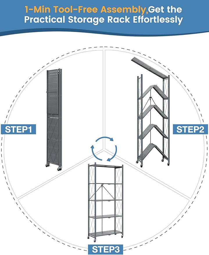 ALANNG 70.7" H Metal Storage Shelves, 5 Tier Folding Shelf on Wheels, Heavy Duty, No Assembly, Rolling, Collapsible Rack Unit for Kitchen, Basement, Pantry (Gray,2 Pack)