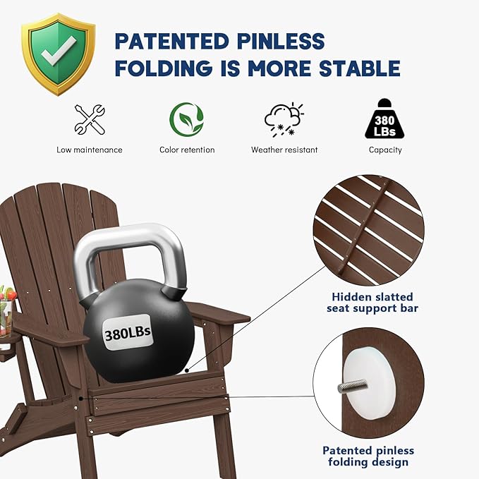 Folding Adirondack Chair Set of 2, Cup Holder，Wooden Textured ，Heavy All-Weather HDPE Comfortable Set Poolside Backyard Lawn Coffee