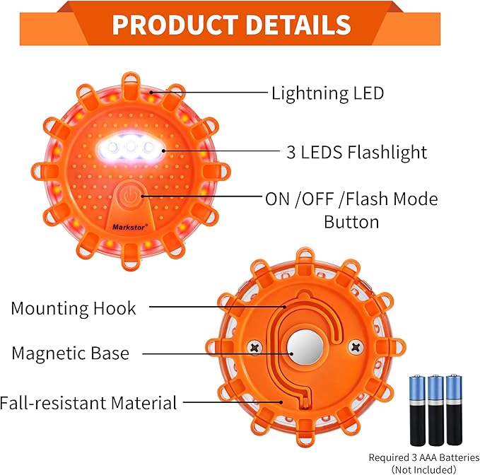 3 Pack of LED Emergency Car Kit Flashing Warning Lights Roadside Security for Vehicle Truck Boats with Hook, Amber Safety Flares Warning Lights Disc Magnet (Battery Not Included)