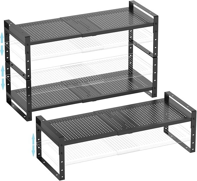 Expandable Spice Rack, Stackable Metal Pantry Storage Shelves Stand, Adjustable Height Cabinet Shelf Organizer Racks(3PACKS/BLACK,MEDIUM)