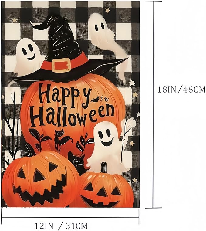 Happy Halloween Garden Flag 12X18 Inch Double Side,Ghost Outside Yard flag, Pumpkin Jack O Lantern Small Garden Flag Decorative,Outdoor Flag for Holiday Patio Courtyard Lawn
