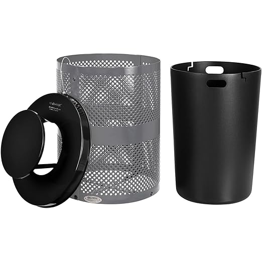 Global Industrial 32 Gallon Outdoor Perforated Steel Round Trash Can with Rain Bonnet Lid, Plastic Liner and Anchor Kit Included, 23-1/2" Diameter x 40-1/2"H, Gray