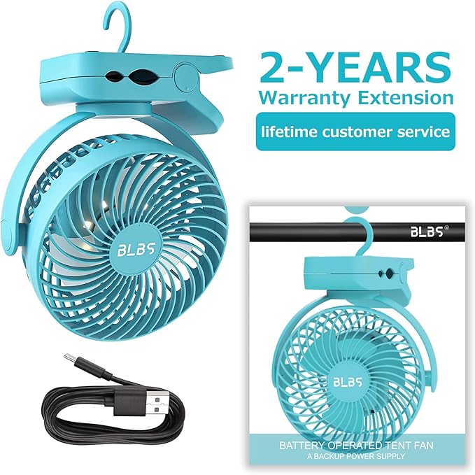 Clip on Fan 65Hrs Camping Fan with LED Light, 12000mAh Battery Operated Fans & PortableFan Rechargeable, Small Desk Fans USB TravelFan for Tent Camping Golf Stroller, Blue