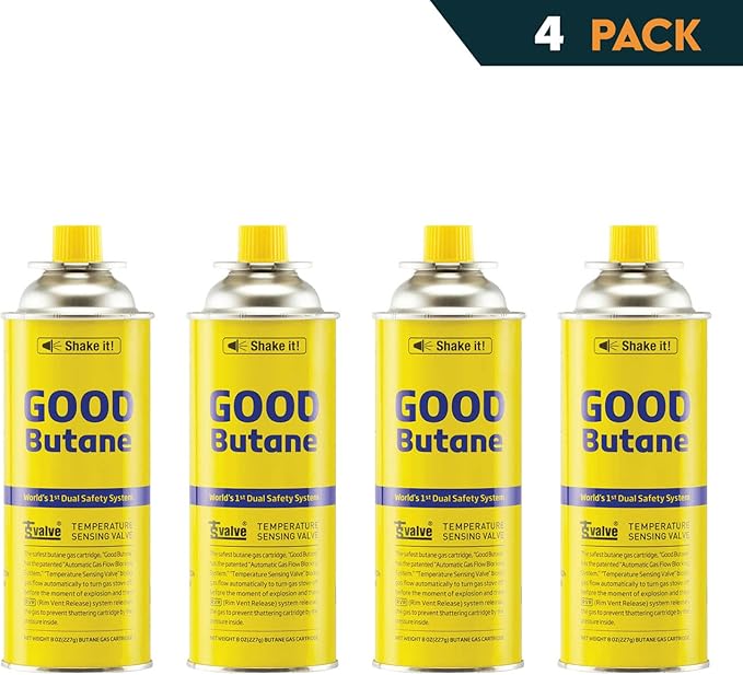 8oz Butane Fuel Canisters Cylinders with Dual Safety System for Portable Gas Stove, Camping Stoves, Gas Burners, UL Listed, Made in Korea (4 Pack)