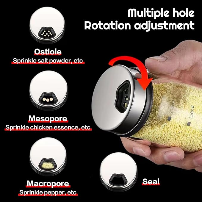 2 Piece 4-Neck Seasoning Shakers Moisture Resistant Seasoning Shakers Glass Seasoning Shakers, Salt and Pepper Shakers with Adjustable Pour Holes - For Seasoning, Picnics (2 large spice jars10oz)