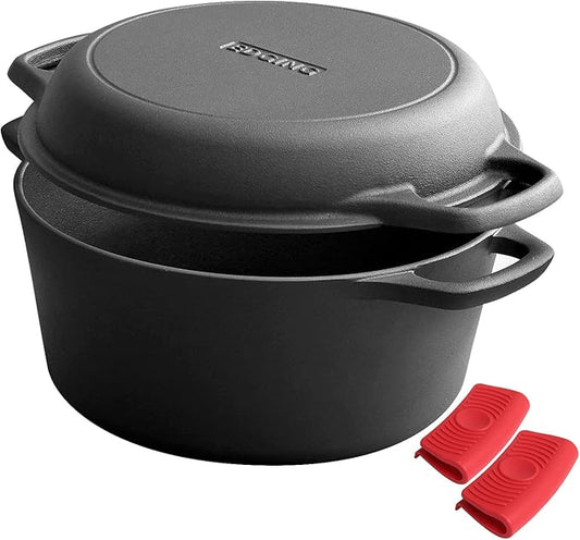 2-in-1 Pre-Seasoned Cast Iron Dutch Oven Pot with Skillet Lid Cooking Pan, Cast Iron Skillet Cookware Pan Set with Dual Handles Indoor Outdoor for Bread, Frying, Baking, Camping, 7QT