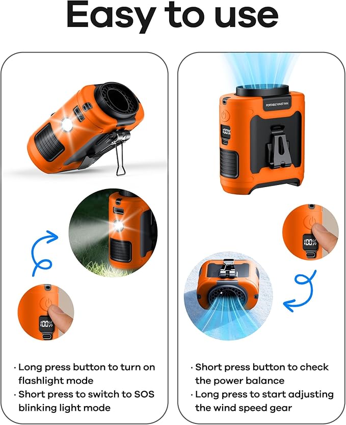 AI Portable Waist Fan Rechargeable 10000mah Belt Shirt Clip On Fan For Body Cooling That Blow Cold Air 5 Speeds Flashlight Up To 40H