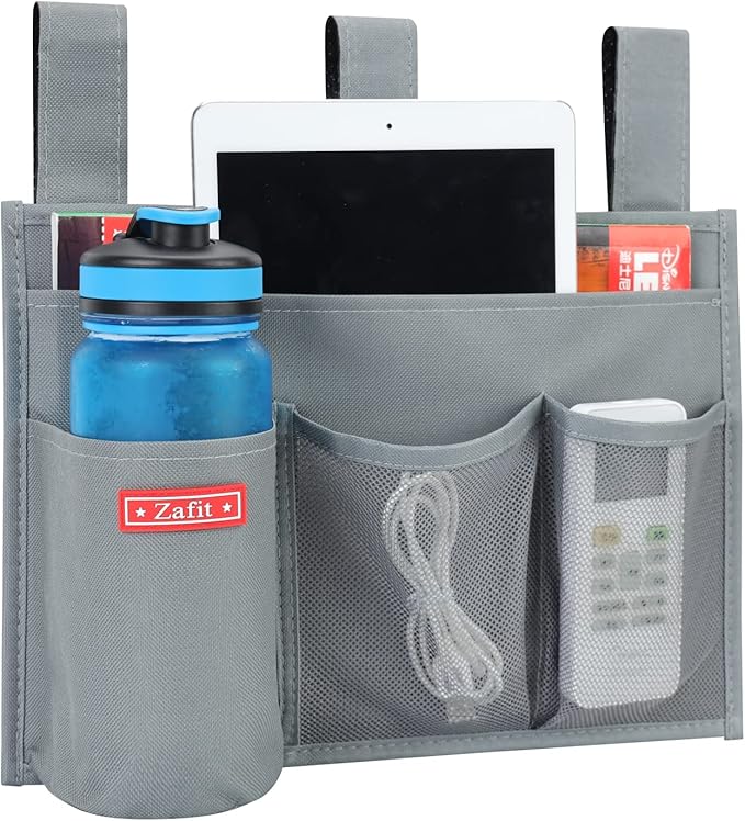 Hanging Bedside Caddy, Bedside Storage Organizer for Magazine, Phone, Remote control (4 Pockets-Grey)