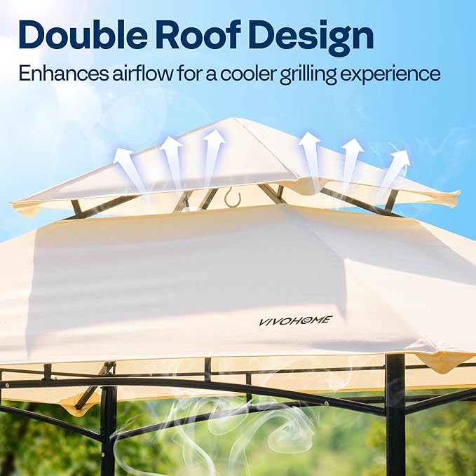 VIVOHOME Grill Gazebo Outdoor BBQ Patio Canopy Tent with Double Tiered Vented Top & 2 Side Shelves, Beige