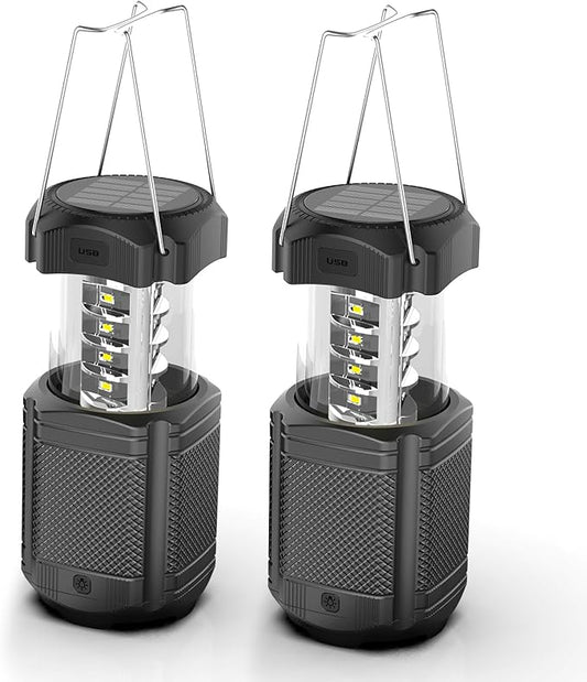 2 Pack Camping Lantern 5000mAh Solar Hand Crank Telescopic LED Flashlight USB Charger for Power Outages ,Portable Rechargeable Battery Powered Operated Lanterns Lamp, Camping Gear Accessories