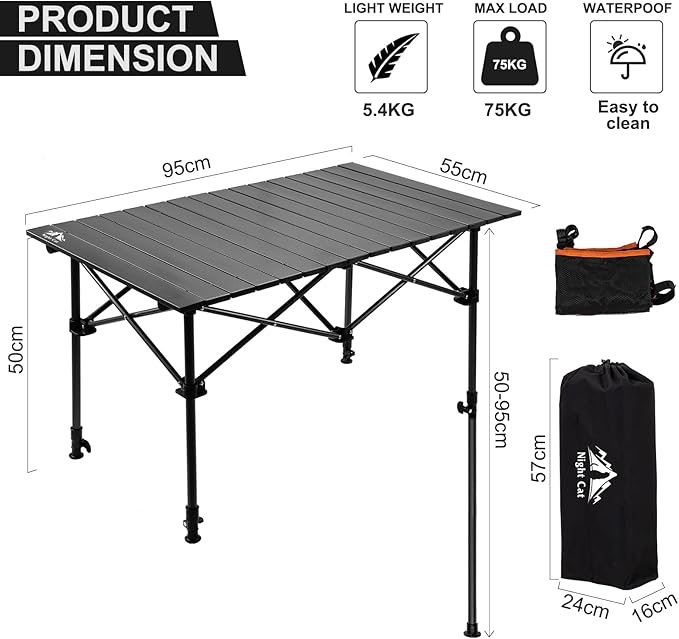 Night Cat Camping Table with Storage Basket Foldable Picnic Table for Outdoor Indoor Lightweight Rustless Adjustable Height 1.7-3ft BBQ Garden Backyard 75KG 37x22in