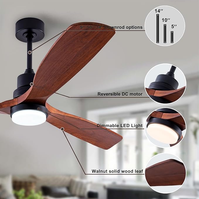 48" Wood Ceiling Fan with Light and Remote Control, Indoor Outdoor Wooden 3 Blades Ceiling Fan for Patio Living Room, Bedroom, Office,Reversible DC Motor(Black+Dark Walnut)