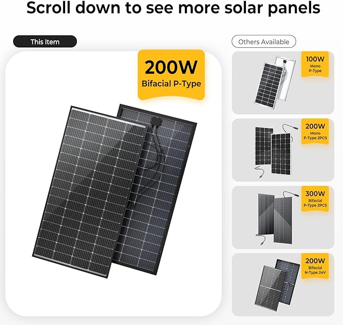 BougeRV Bifacial 200 Watts Mono 10BB Cell Solar Panel, 23% High-Efficiency Monocrystalline Module Work with 12 Volts Charger for RV Camping Home Boat Marine Off-Grid, 53.5 x 30.2 x 1.4 in