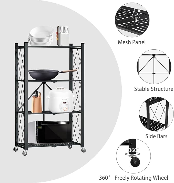 4 Tier Foldable Storage Shelf with Wheels, Heavy Duty Folding Shelf Loads 600 LBS, Metal Steel Collapsible Shelves, Rolling Standing Utility Rack for Kitchen, Pantry, Office, Black