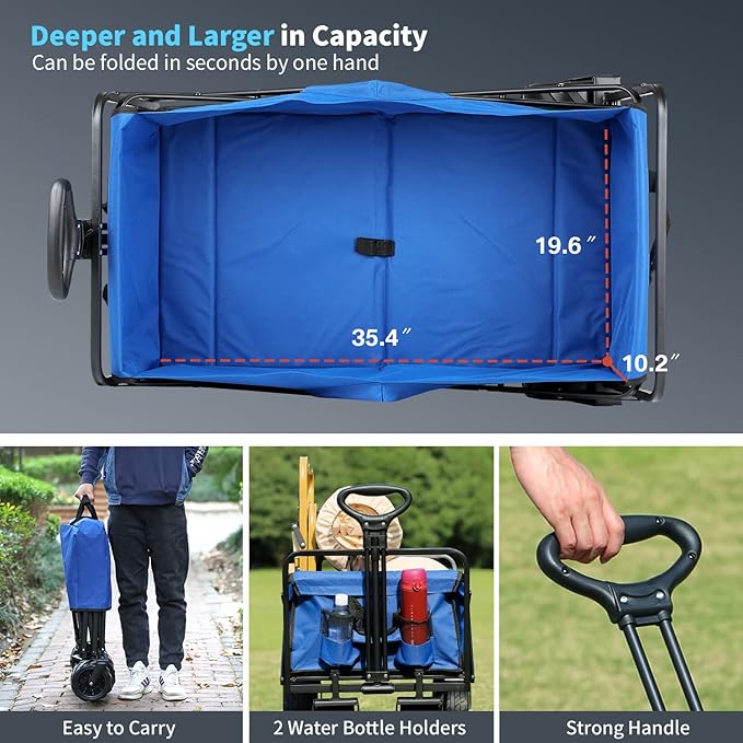 EchoSmile Heavy Duty 350 Lbs Capacity Collapsible Wagon, Outdoor Folding Camping Wagons, Grocery Portable Utility Cart, Adjustable Rolling Carts, All Terrain Sports Wagon with Big Wheels by Boahaus