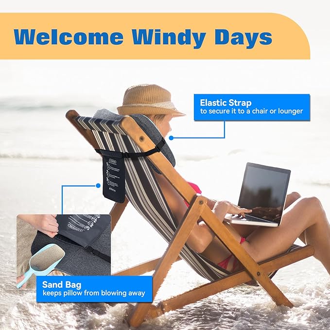 Hikenture Beach Pillow for Sand, Washable Inflatable Pillows for Pool, Portable Camping Pillows with Removable Cover, Soft Air Sand Pillow Built-in Sandbag for Backpacking, Beach Chair