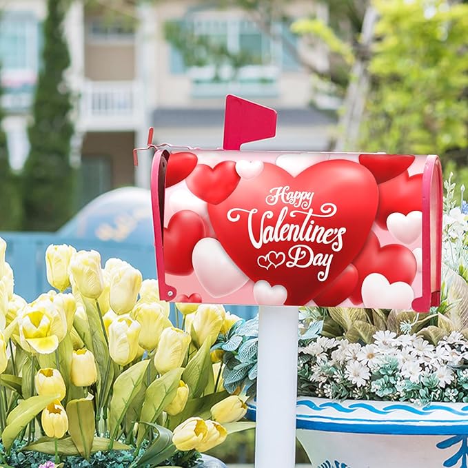 Happy Valentine's Day Magnetic Mailbox Cover - Red and Pink Love Heart Design - Standard Size 21x18 Inch for Home Outdoor Garden Decorations