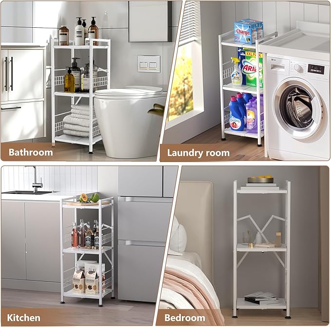 Himix 3-Tier Narrow Shelf, Expandable Metal Narrow Shelving Unit, Free-Standing Storage Rack Corner Shelf for Bathroom, Kitchen, Bedroom, Office, Laundry Organization (White)