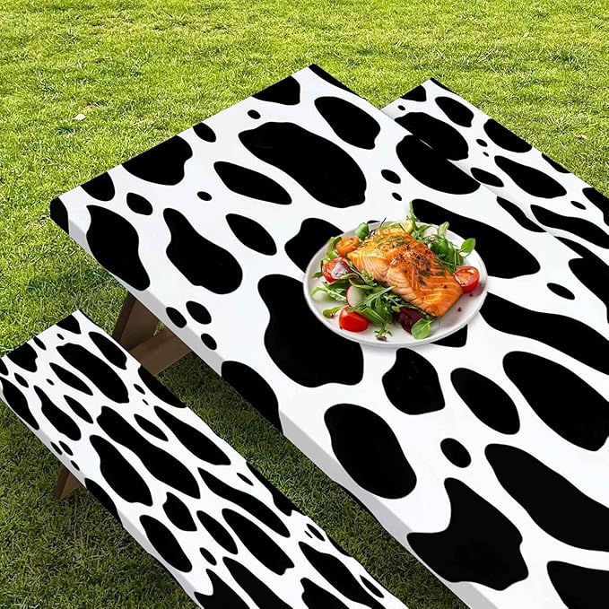 CAPSCEOLL Fitted Picnic Table Cover with Bench Covers with Elastic 8Ft Waterproof Camping Picnic Table Cover Cloths for Outdoors Camping Tablecloth with Drawstring Bag, 96X30in, Black White