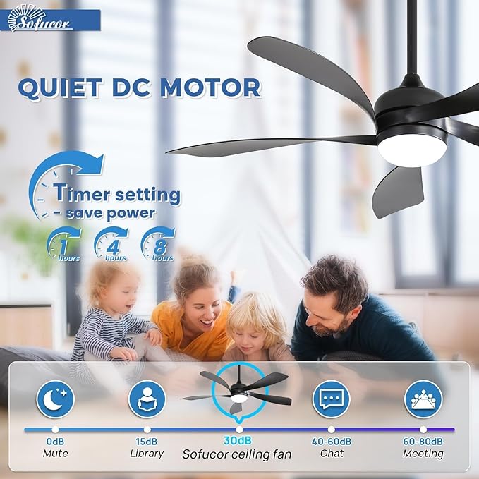 Sofucor 52 Inch Ceiling Fans with Lights and Remote, Outdoor Ceiling Fan with Light 6-Speed 3 CCT 3-Timer, Black Low Profile Ceiling Fan 5 Blade Reversible DC Motor for Living Room Bedroom Patio