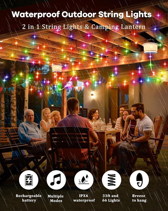 Camping String Lights – 4 in 1 Upgraded RGB Retractable Camping Lights with 19 Lighting Modes, Quick 20s Recovery, Waterproof, 33FT Portable, Rechargeable Tent Lights for Camping, Hiking,Travel,Gift