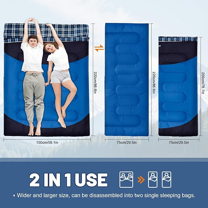 Double Sleeping Bag for Adults Machine Washable 2 Person Camping Sleeping Bag Queen Size Waterproof with Compression Sack for Cold Weather 3-4 Seasons