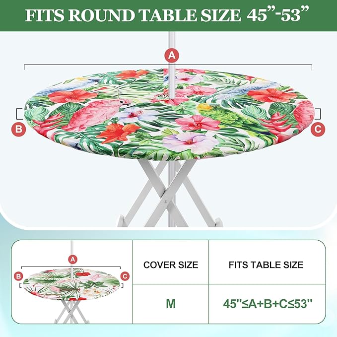 2 Pcs Round Outdoor Tablecloth with Umbrella Hole - Anti-Wrinkle Polyester Tablecloth with Elastic Zipper Table Cover for Summer Patio Camping Party(45''-53'',Hawaii Flamingos)