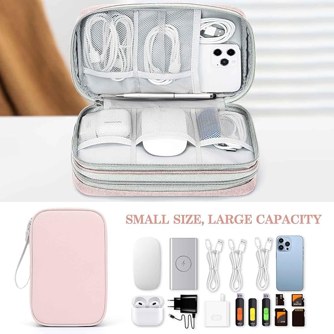 FYY Electronic Organizer, Large Travel Cable Organizer Bag Pouch Electronic Accessories Carry Case Portable Waterproof Double Layers All-in-One Storage Bag for Cable, Cord, Charger, Phone, Light Pink