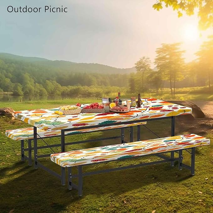 CAPSCEOLL Fitted Picnic Table Cover with Bench Covers with Elastic 8Ft Waterproof Camping Picnic Table Cover Cloths for Outdoors Camping Tablecloth with Drawstring Bag, 96X30in, Fall Leaves