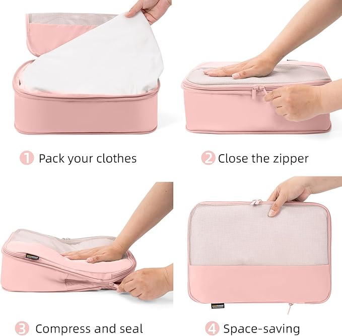 4 Piece Compression Packing Cubes for Suitcases and Backpack, Lightweight Travel Organizers (Light Pink)