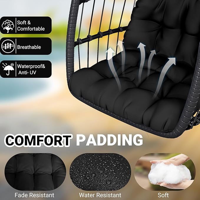 Egg Chair with Stand,Patio Rattan Wicker Hanging Swing Egg Chair Hammock Chair for Bedroom Porch Garden,Thickened Aluminum Alloy Steel Frame and UV Resistant Cushion,350LBS Capacity