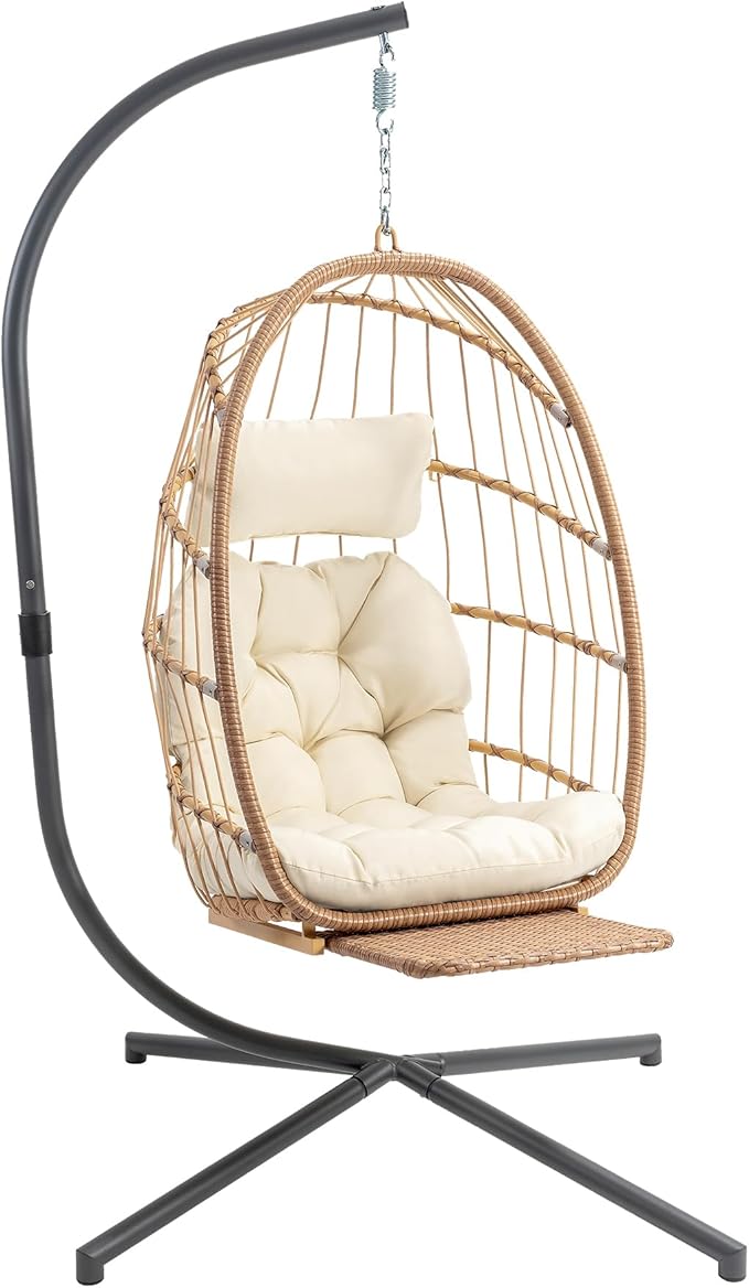 Yechen Hanging Egg Chair with Stand and Footrest for Indoor Outdoor, Foldable Wicker Rattan Patio Egg Swing Chairs Hammock Egg Chair with UV Resistant Cushion for Bedroom Porch, 350 Lbs Capacity
