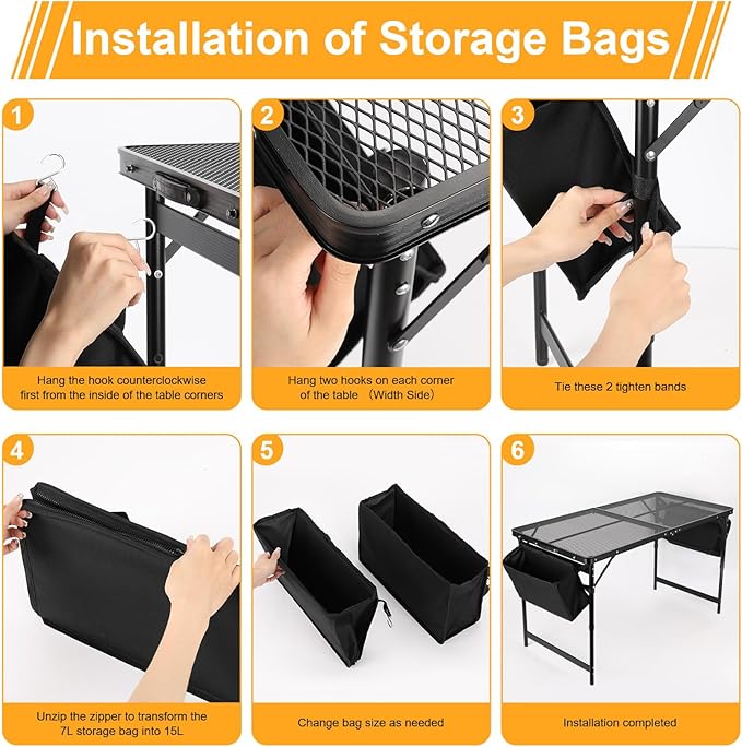 Grill Table 4FT Camping Table with 7/15 L Storage Bag 3 Height Adjustable Picnic Table Foldable Folding Portable Stand Mesh Outdoor BBQ