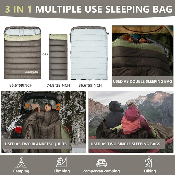 BISINNA Double Sleepinag Bag for Adults Two Person Queen Size Camping Sleeping Bag for All Season Backpacking Hiking Cold Weather with Compression Sack