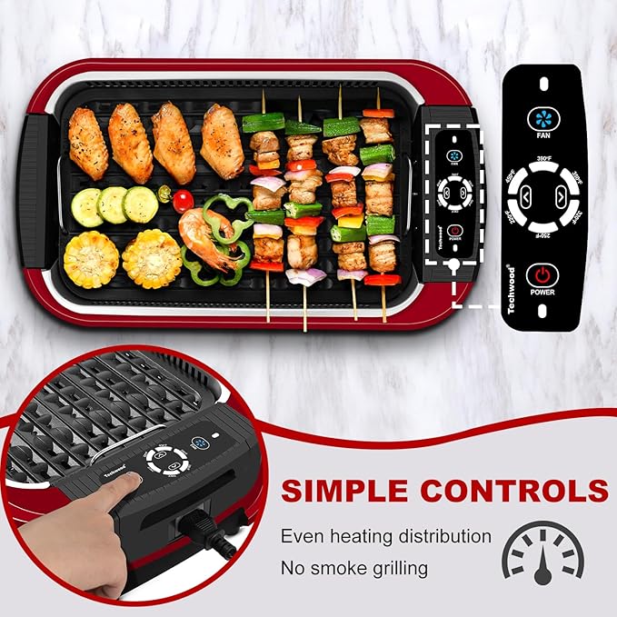 Indoor Smokeless Grill, Techwood 1500W Electric Indoor Grill with Tempered Glass Lid, Portable Non-stick BBQ Korean Grill, Turbo Smoke Extractor Technology, Drip Tray& Double Removable Plate, Red