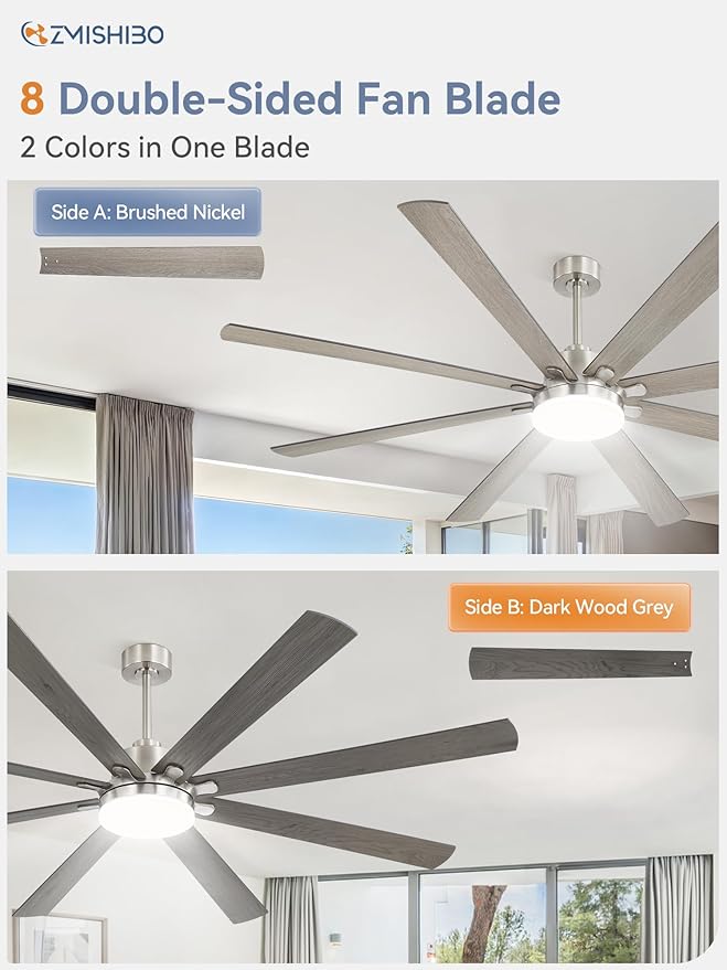 80 Inch Ceiling Fan with Light, Brushed Nickel Ceiling Fan with Large LED Panel, Quiet Reversible DC Motor, 6-Speeds, 3CCT, Indoor/Outdoor Ceiling Fans with Lights for Patio, Livingroom, Garage