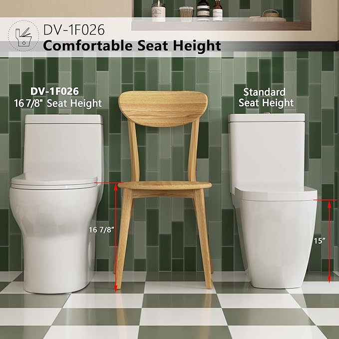 DeerValley DV-1F026-B Elongated One Piece Toilet, Dual Flush 1.1/1.6 GPF Toilet with Comfortable Seat Height, Powerful & Quiet Modern Standard Toilet for Bathroom, 12" Rough-In