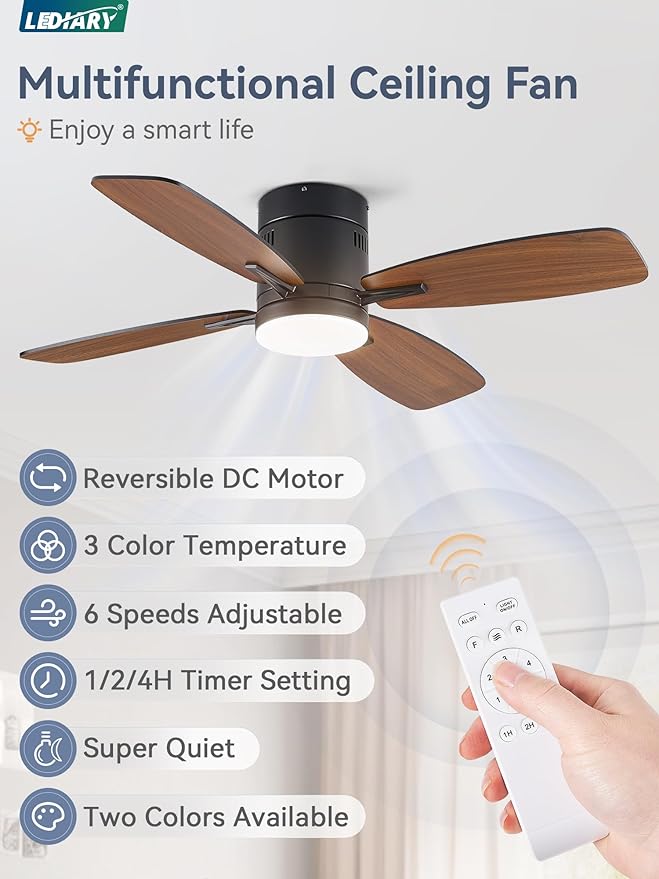 LEDIARY 42 inch Ceiling Fans with Lights and Remote Control,Flush Mount Ceiling Fan with Quiet Reversible DC Motor,Black Modern Low Profile Ceiling Fan with Light for Bedroom Living Room Patio