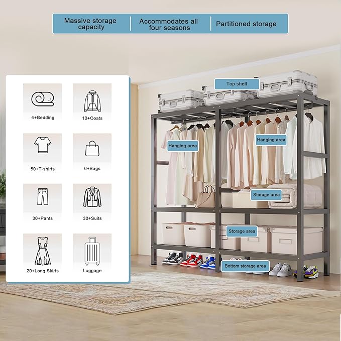 FPIGSHS Heavy Duty Clothes Rack with Cover 2000LBS Foldable Portable Wardrobe Closet for Hanging Clothing Rolling Garment Rack on Wheels for Bedroom Closet System (D(Gauze Curtain Cover, 49.2in)