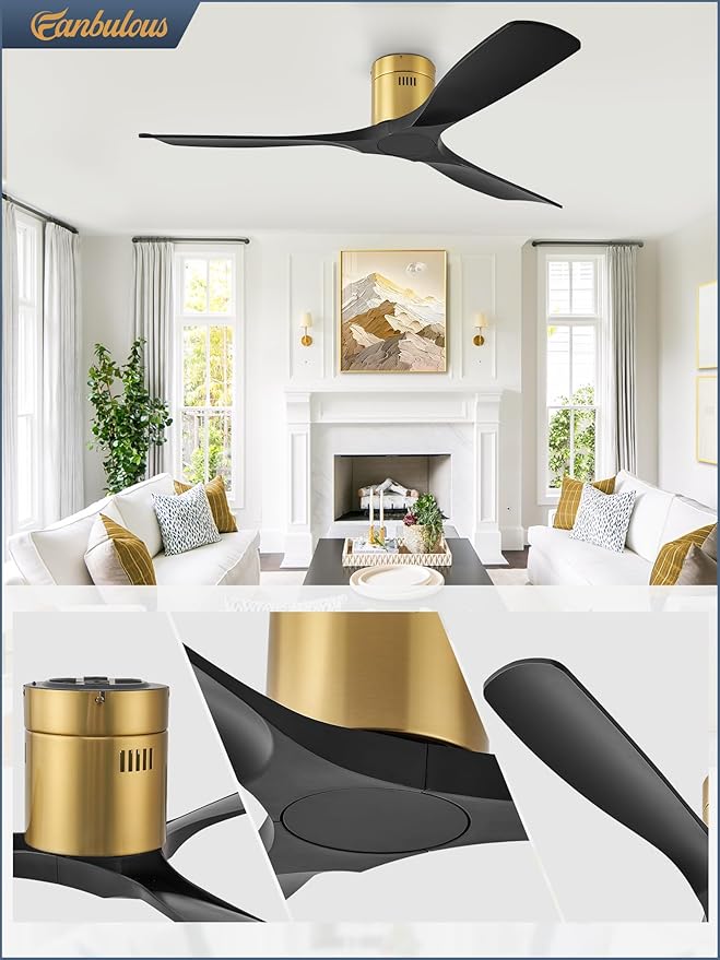 52" Ceiling Fans without Lights, Flush Mount Ceiling Fan with Remote Control Modern,Low Profile Ceiling Fans with 6-Speeds Reversible DC Motor for Patio Living Room Bedroom(Black)