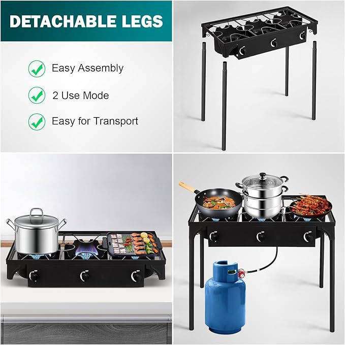 3 Burner Propane Gas Stove for Outdoor Cooking| 225,000 BTU High-Pressure Heavy-Duty Camping Stove with Regulator, Detachable Legs | Portable for Backyard Cooking, BBQ, Baking and Frying